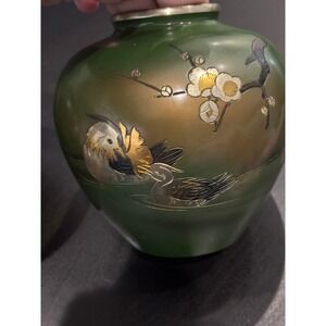 Vintage Japanese Cloisonne Enamel Ginger Jar Mandarin Ducks Plum Blossom Green